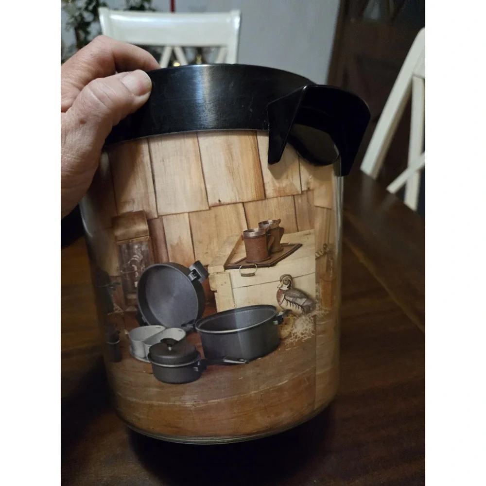 vintage West Bend Thermo-Serv ice bucket features a rustic sportsman design, Bar